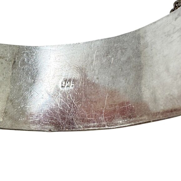 Sterling Silver Hinged Bangle Bracelet Etched Scroll Design Safety Chain - Picture 5 of 6